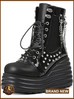 Gothic Platform Combat Boots with Punk Chains & Studs Lace Up Wedge Ankle